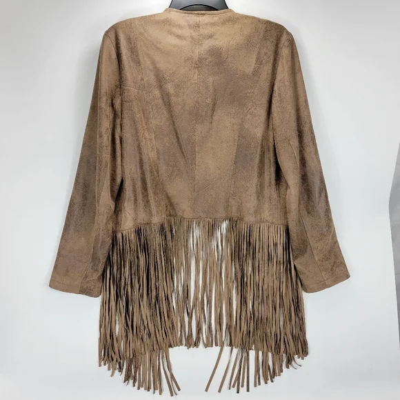 Chicos Faux Leather Fringe Open Front Jacket Women 1 Medium Boho Western Cowgirl - Picture 10 of 12
